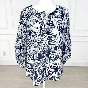 Tommy Bahama Navy White Tropical Leaf Print Balloon Sleeve Tie Neck Blouse Large